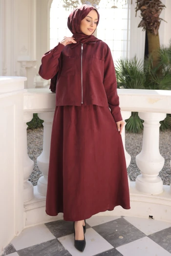 Bordo Fermuarlı Ceket Etekli Takım