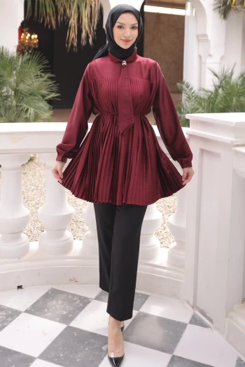 Bordo Fular Yakalı Piliseli Saten Tunik