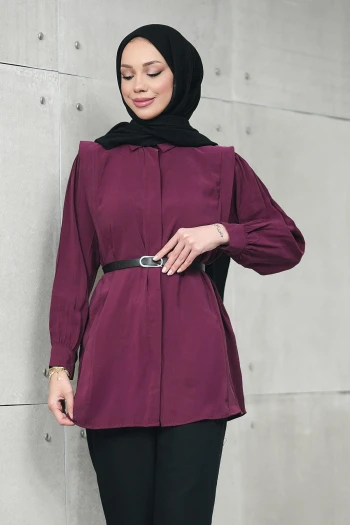 Bordo Gizli Patlı Belden Kemerli Modal Dokuma Tunik
