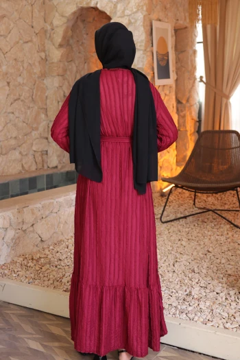 Bordo Kol Lastikli Kuşaklı Gofre Elbise
