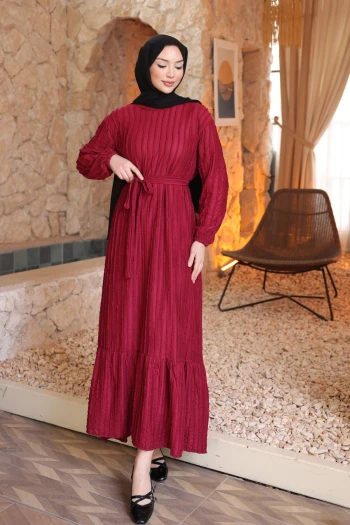 Bordo Kol Lastikli Kuşaklı Gofre Elbise