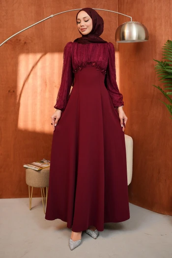 Bordo Kol Sırt Bağlama Detaylı Abiye
