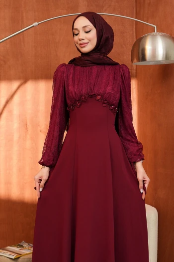 Bordo Kol Sırt Bağlama Detaylı Abiye