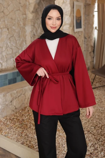 Bordo Kuşaklı Scuba Kimono Ceket