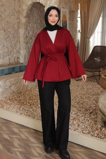 Bordo Kuşaklı Scuba Kimono Ceket
