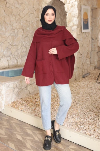 Bordo Şal Detaylı Düğmeli Angora Hırka