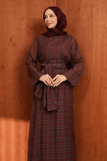 Bordo Şallı Ekose Desenli Elbise