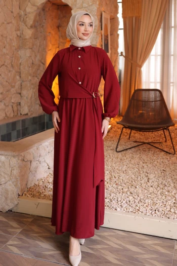 Bordo Yan Bağlamalı Kol Lastikli Elbise