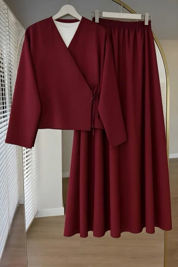 Bordo Yandan Bağlamalı Dabıl Kimono Etekli Takım