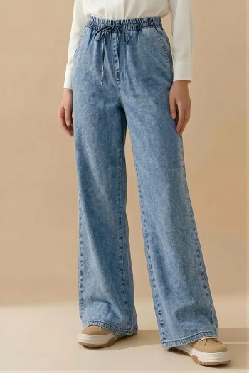 Buz  Mavi Bel Lastikli Palazzo Kot Pantolon