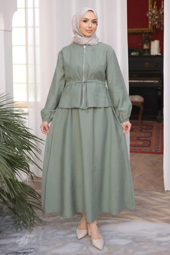 Çağla Önü Nervürlü Fermuarlı Ceket Etekli Takım