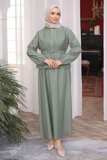 Çağla Önü Nervürlü Fermuarlı Ceket Etekli Takım