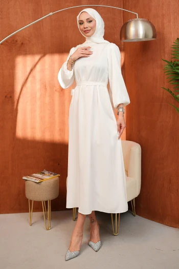 Ekru Hakim Yaka Balon Kol Saten Abiye Elbise