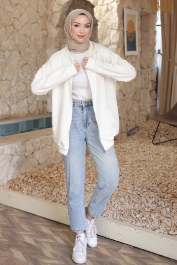 Ekru Kanguru Cepli Üç İplik Sweatshirt