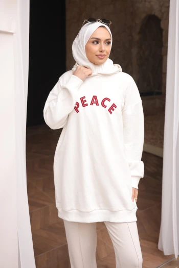 Ekru Nakışlı İşlemeli Kapşonlu Tunik Sweat