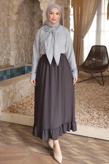 Füme Etek Ucu Fırfırlı  Bel Lastikli Bürümcük Etek