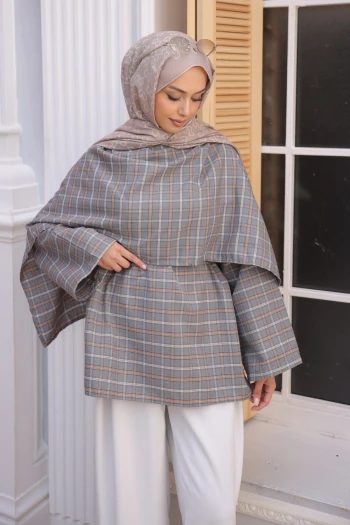 Gri Ekose Desen Bel Bağlamalı Şal Detay Tunik