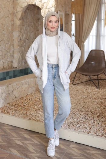 Gri Kanguru Cepli Üç İplik Sweatshirt