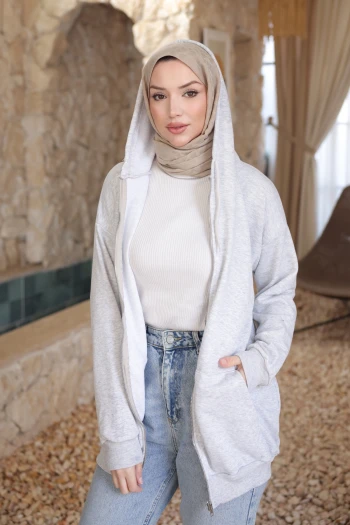 Gri Kanguru Cepli Üç İplik Sweatshirt