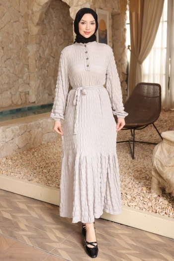 Gri Kol Lastikli Düğmeli Bel Bağlamalı Gofre Elbise