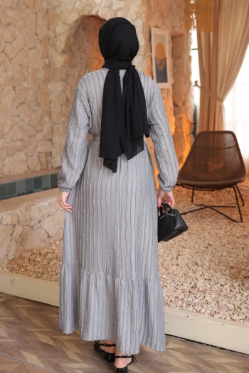 Gri Kol Lastikli Kuşaklı Gofre Elbise