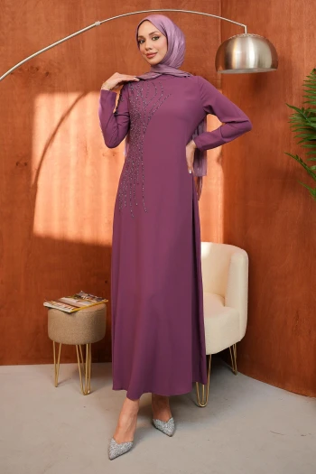 Gül Kurusu Bisiklet Yaka Taş İşlemeli Abiye