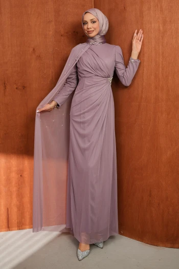 Gül Kurusu Drapeli İnci Detaylı  Abiye