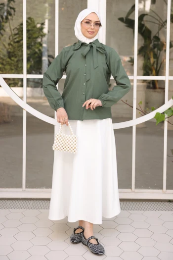Haki Bebe Yaka Kol Lastikli Düğmeli Gömlek
