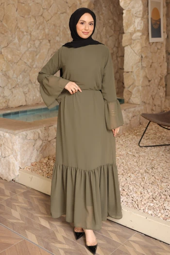Haki Bel Bağlamalı Eteği Katlı Şifon Elbise