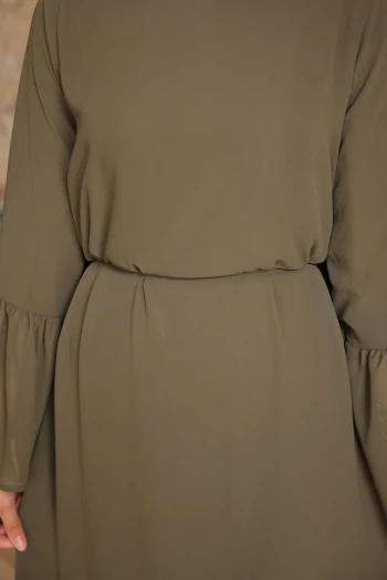 Haki Bel Bağlamalı Eteği Katlı Şifon Elbise