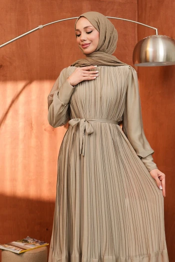 Haki Bel Kuşaklı Tül Detaylı Elbise
