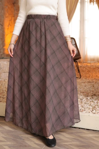 Haki Bel Lastikli Astarlı Şifon Etek