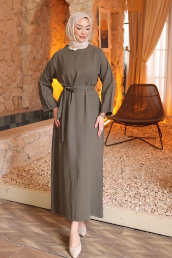 Haki Beli Kuşaklı Rayon Tencel Elbise