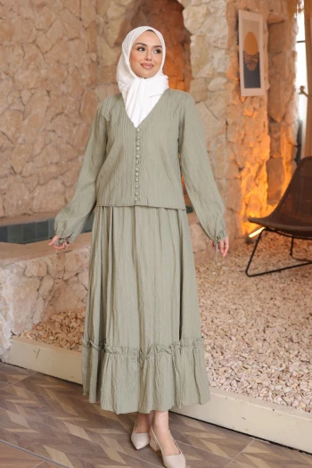 Haki Düğmeli Gömlek Etekli Bürümcük Takım