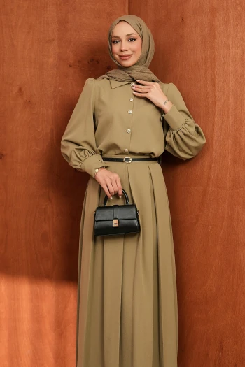Haki Düğmeli Kemerli Gömlek Etekli Takım
