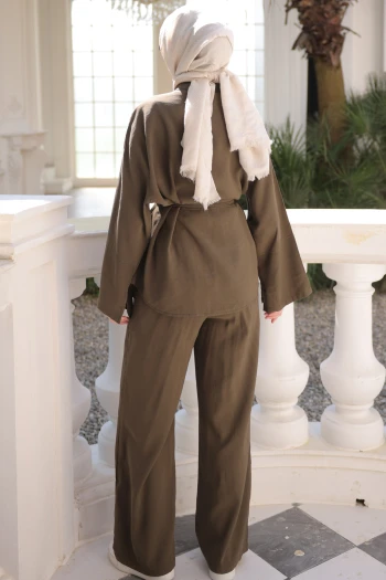 Haki Geniş Kol Bel Bağlamalı Tunik Pantolonlu Takım