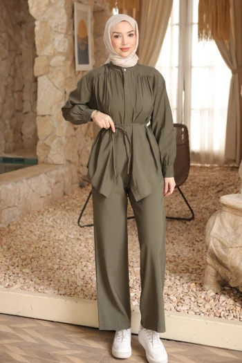 Haki Gizli Düğmeli Pantolonlu Modal Takım