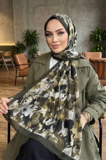 Haki İpekhan Desenli Kraş Şal