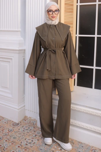 Haki Kolu Katlı Mendil Yaka Tunik Pantolonlu Takım