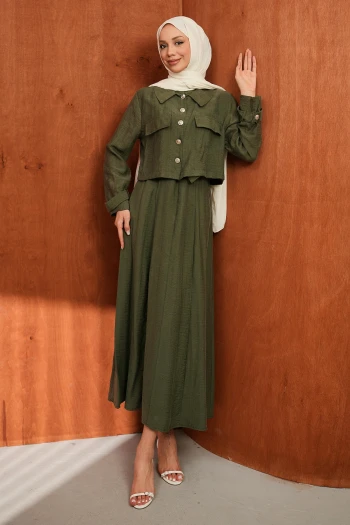 Haki Kot Ceket Elbise İkili Kombin Takım