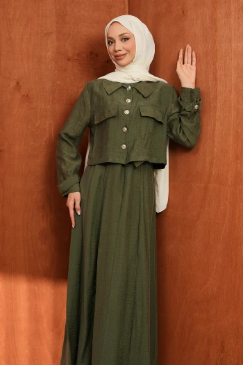 Haki Kot Ceket Elbise İkili Kombin Takım