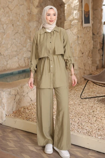 Haki Önü Allerli Kolu Apoletli Tunik Pantolonlu Modal Takım