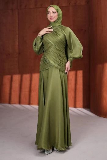 Haki Önü Drapeli Balon Kol Işıltılı Abiye