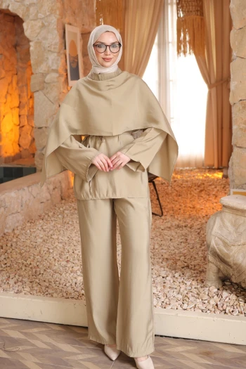 Haki Şal Detaylı Tunik Pantolonlu Takım