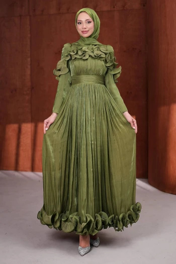 Haki Yaka Ve Etek Ucu Fırfırlı Işıltılı Abiye