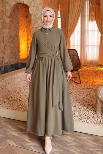 Haki Yan Bağlamalı Kol Lastikli Elbise