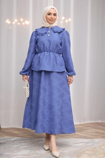 İndigo Kendinden Desenli Gömlek Etekli Takım