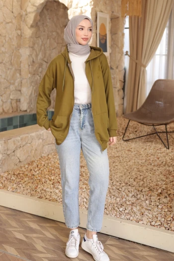 K. Yağyeşili Kanguru Cepli Üç İplik Sweatshirt