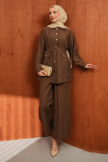 Kahverengi Bel İp Büzgülü Tunik Pantolonlu Takım