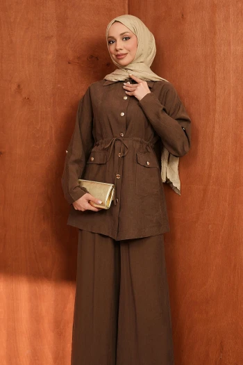 Kahverengi Bel İp Büzgülü Tunik Pantolonlu Takım